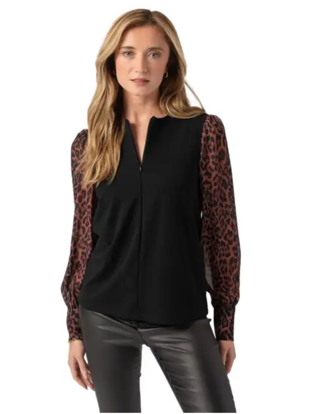 Black Blouse with Brown Leopard-Print Chiffon Long Sleeves